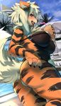  2019 absurd_res anthro arcanine beverage bikini biped black_nose blonde_hair blue_eyes blush breasts brown_body brown_fur brown_stripes butt claws clothing cute_fangs female fur hair hand_on_hip hi_res holding_beverage holding_object looking_at_viewer looking_back micro_bikini multicolored_body multicolored_fur nintendo nukochi open_mouth open_smile orange_body orange_fur outside pok&eacute;mon pok&eacute;mon_(species) poolside rear_view side_boob smile solo standing striped_body striped_fur stripes swimming_pool swimwear under_boob video_games yellow_body yellow_fur 