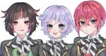  3boys :d :p ahoge bangs black_hair black_jacket blue_eyes blurry blurry_background blush bow center_frills chromatic_aberration collar collared_shirt diagonal_stripes epel_felmier fang fang_out frilled_collar frills hair_between_eyes hair_horns jacket lilia_vanrouge looking_at_viewer male_focus multicolored_hair multiple_boys night_raven_college_uniform open_mouth pink_hair pointy_ears purple_hair red_eyes red_hair riddle_rosehearts shirt short_hair simple_background smile streaked_hair striped striped_neckwear sweat tongue tongue_out twisted_wonderland two-tone_hair upper_teeth vest white_background white_shirt yumei_(jigoku101) 