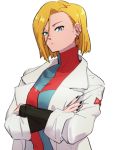  1girl android_18 android_21 android_21_(cosplay) blonde_hair blue_eyes checkered checkered_dress closed_mouth cosplay crossed_arms dragon_ball dragon_ball_fighterz dragon_ball_z dress earrings hair_between_eyes jewelry kemachiku labcoat long_sleeves looking_at_viewer red_ribbon_army short_hair simple_background solo white_background 