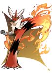  absurdres blaziken clenched_hand closed_mouth colored_sclera commentary_request fire full_body gen_3_pokemon green_eyes highres itcat kicking mega_blaziken mega_pokemon pokemon pokemon_(creature) solo standing standing_on_one_leg yellow_sclera 