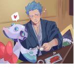  1boy blue_eyes blue_hair blush chopsticks closed_mouth commentary_request cyrus_(pokemon) fingernails froslass gen_3_pokemon gen_4_pokemon green_(grimy) heart highres holding indoors japanese_clothes male_focus plate pokemon pokemon_(creature) pokemon_(game) pokemon_dppt snorunt spiked_hair spoken_heart 