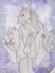  2014 4_toes anthro anus balls claws ear_piercing erection ethan_(teckly) foot_focus genitals half-closed_eyes looking_at_viewer male narrowed_eyes nude penis piercing seductive sergal smile solo toes ultraviolet watermark 