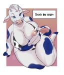  2021 3_fingers animal_print anthro bedroom_eyes big_breasts bikini blue_body blue_eyes blue_fur bovid bovine breasts cattle clothed clothing cow_print curvy_figure english_text eyebrows female fingers fur hi_res holstein_friesian_cattle horn huge_breasts lactaid lactaid_cow lavenderpandy looking_at_viewer mammal mascot narrowed_eyes nipple_slip nipples open_mouth overweight overweight_anthro overweight_female seductive simple_background sitting solo swimwear text text_box thick_thighs voluptuous white_body white_fur 