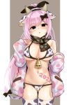  1girl 2021 :o animal_ears animal_print ass_visible_through_thighs bangs bell bikini black_bow black_eyes black_hairband black_ribbon blush bow breasts brown_background chinese_zodiac cleavage commentary cow_ears cow_horns cow_print cow_tail eyebrows_visible_through_hair fake_animal_ears fake_horns groin hair_between_eyes hair_bow hair_ribbon hairband highres horns jacket large_breasts long_hair navel off_shoulder open_clothes open_jacket original parted_lips pink_hair print_bikini print_jacket print_legwear ribbon solo swimsuit symbol_commentary tail thighhighs two-tone_background unname very_long_hair white_background white_jacket white_legwear year_of_the_ox 