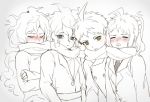 2boys 2girls ahoge alternate_costume arms_at_sides blush brown_eyes closed_eyes commentary_request crossed_arms danganronpa_(series) danganronpa_2:_goodbye_despair dual_persona genderswap genderswap_(mtf) grey_background grey_eyes hair_between_eyes hinata_hajime jacket komaeda_nagito long_hair looking_at_another looking_at_viewer medium_hair monochrome multiple_boys multiple_girls necktie open_mouth ponytail scarf scarf_over_mouth shared_scarf short_hair simple_background snot spot_color tuteurfars_shin upper_body winter_clothes 