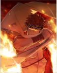  1boy abs bare_pecs cape embers fate/grand_order fate_(series) fire gondom highres igote japanese_clothes looking_at_viewer male_focus muscular muscular_male orange_hair pectorals red_hair sengo_muramasa_(fate) short_hair solo upper_body white_cape wind wind_lift yellow_eyes 