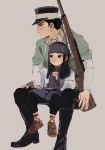  1boy 1girl ainu ainu_clothes arisaka asirpa bandana black_footwear black_hair black_headwear black_pants bolt_action boots brown_footwear brown_scarf closed_mouth commentary_request ear_piercing earrings eating food full_body golden_kamuy green_shirt grey_background grey_headwear gun hat heru22p highres holding holding_food holding_gun holding_weapon hoop_earrings imperial_japanese_army jewelry kepi long_hair long_sleeves looking_away military military_hat military_uniform pants piercing rifle sandals scar scar_on_cheek scar_on_face scar_on_mouth scar_on_nose scarf shirt short_hair simple_background sitting spiked_hair star_(symbol) sugimoto_saichi two-tone_headwear uniform weapon 