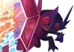  colored_skin commentary crystal electricity fire gen_3_pokemon grin highres ikei imp jpeg_artifacts kneeling mega_pokemon mega_sableye one_knee pokemon pokemon_(creature) purple_skin red_eyes sableye sharp_teeth simple_background smile solo teeth water white_background 