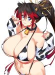  1girl animal_ears animal_print bangs bell bell_collar bikini black_hair blue_eyes blush breasts cleavage collar covered_nipples cow_ears cow_horns cow_print cowbell detached_sleeves fake_animal_ears hairband highleg highleg_bikini highres horns huge_breasts looking_at_viewer multicolored_hair nail_polish nanbu_kaguya navel negresco ponytail red_hair simple_background smile solo super_robot_wars super_robot_wars_og_saga_mugen_no_frontier swimsuit two-tone_hair white_background 