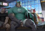  airport anthro balls bottomwear clothing exhibitionism genitals hi_res humanoid_genitalia humanoid_penis male mammal muscular penis penis_through_leghole poking_out public public_exposure raccoon21 shorts ursid 