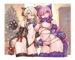  2girls absurdres animal_ear_fluff animal_ears bangs bare_shoulders bell black_gloves black_legwear blush bow breasts cat_ears cat_tail center_opening cleavage dangerous_beast elbow_gloves fake_animal_ears fate/grand_order fate/kaleid_liner_prisma_illya fate_(series) fur-trimmed_gloves fur-trimmed_legwear fur_collar fur_trim gloves hair_between_eyes hair_over_one_eye hair_ribbon highres illyasviel_von_einzbern jingle_bell lace-trimmed_legwear lace_trim lamsass large_breasts light_purple_hair long_hair looking_at_viewer mash_kyrielight multiple_girls navel o-ring paw_gloves paws purple_eyes purple_gloves purple_legwear red_eyes revealing_clothes ribbon short_hair sidelocks small_breasts tail thighhighs thighs white_hair wolf_ears wolf_tail 