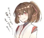  1girl brown_hair commentary_request hair_ribbon ise_(kantai_collection) japanese_clothes kantai_collection looking_at_viewer ponytail red_eyes red_ribbon remodel_(kantai_collection) ribbon short_hair simple_background solo translation_request undershirt white_background yuzu_(kimagure_kankitsurui) 