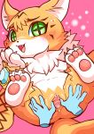  2020 3_toes absurd_res anthro biped blush bodily_fluids breasts chest_tuft claws cross_pupils cute_fangs digimon digimon_(species) disembodied_hand duo female fur genital_fluids genitals green_eyes hi_res lying mammal meicoomon multicolored_body multicolored_fur nipples nude on_back open_mouth orange_body orange_fur pawpads paws pink_pawpads pussy pussy_juice solo_focus spread_legs spread_pussy spreading toes tuft two_tone_body two_tone_fur uyu white_body white_fur 