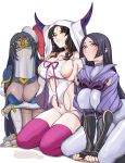  3girls absurdres arm_wrap armlet armor bandaged_arm bandages bangs bare_shoulders black_gloves black_hair blue_armor bodysuit bracelet breastplate breasts bridal_gauntlets chest_tattoo circlet cleavage collarbone dark_skin dark_skinned_female dress elbow_gloves facial_mark fate/extra fate/extra_ccc fate/grand_order fate_(series) fingerless_gloves forehead_jewel forehead_mark gloves green_eyes hat highres horns japanese_armor jewelry kneeling kote lamsass large_breasts leaning_forward long_hair long_sleeves looking_at_viewer low-tied_long_hair minamoto_no_raikou_(fate/grand_order) mouth_veil multiple_girls navel parted_bangs pauldrons pelvic_curtain pink_legwear purple_bodysuit purple_eyes purple_hair ribbed_sleeves ring rope scheherazade_(fate/grand_order) sesshouin_kiara shoulder_armor sideboob tassel tattoo thighhighs thighlet thighs veil very_long_hair wavy_hair white_dress wide_sleeves yellow_eyes 