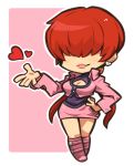  1girl bangs cleavage_cutout clothing_cutout earrings hair_over_eyes hand_on_hip heart ibara. jewelry open_hand red_hair shermie_(kof) solo the_king_of_fighters twintails 