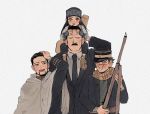  1girl 3boys ainu ainu_clothes arisaka arm_up asirpa bandana black_coat black_eyes black_hair black_jacket black_neckwear black_suit blush bolt_action buttons cape closed_mouth coat collar collared_jacket collared_shirt commentary_request facial_hair facing_viewer frown full_body golden_kamuy grey_background grey_eyes gun hair_slicked_back hand_in_hair hat heru22p highres holding holding_gun holding_weapon hood hood_down hooded_cape imperial_japanese_army jacket kepi long_hair long_sleeves looking_at_another looking_at_viewer military military_hat military_uniform multiple_boys muscular muscular_male mustache necktie ogata_hyakunosuke open_clothes open_mouth rifle scar scar_on_cheek scar_on_face scar_on_mouth scar_on_nose scarf shirt short_hair simple_background sitting_on_shoulder smile spiked_hair standing star_(symbol) stubble sugimoto_saichi undercut uniform upper_body ushiyama_tatsuma weapon white_cape white_shirt 