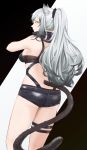  1girl animal_ears arknights ass bare_shoulders black_shorts breasts cat_ears cat_tail commentary_request cowboy_shot from_behind highres long_hair looking_at_viewer looking_back medium_breasts midriff olin_(nienxddd) partial_commentary schwarz_(arknights) short_shorts shorts silver_hair solo standing tail thigh_strap thighs very_long_hair 