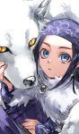  1girl ainu ainu_clothes asirpa bandana black_hair blue_bandana blue_eyes cape cheek-to-cheek commentary_request ear_piercing earrings fur_cape golden_kamuy highres hoop_earrings jewelry long_hair looking_at_viewer oziozi_kamuy parted_lips piercing retar solo sparkle upper_body white_cape white_wolf wolf yellow_eyes 