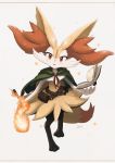  1girl :3 animal_ear_fluff animal_ears artist_name belt black_fur blush body_fur book braixen clothed_pokemon commentary_request digitigrade english_commentary fire floating floating_object fox_ears fox_girl fox_tail full_body furry gen_6_pokemon green_capelet grey_background happy head_tilt holding holding_stick ikei jpeg_artifacts light_blush looking_at_viewer making-of_available mixed-language_commentary open_book open_mouth partial_commentary paws pokemon pokemon_(creature) pouch red_eyes signature simple_background smile solo standing star_(symbol) stick tail white_fur yellow_fur 