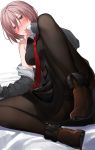  1girl absurdres black_legwear blush breasts covering_mouth fate/grand_order fate_(series) hair_between_eyes highres looking_at_viewer lying mash_kyrielight medium_breasts necktie pantyhose pink_hair purple_eyes red_neckwear shoes short_hair simple_background thighs xretakex 