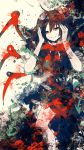  1girl abstract abstract_background asymmetrical_wings bare_legs black_dress black_hair bow dress flat_color hands_up highres houjuu_nue large_bow looking_at_viewer medium_hair meola multicolored multicolored_background paint_splatter red_bow red_eyes smile snake solo touhou wings 