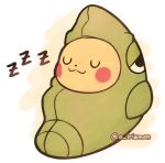  :3 a_irismon artist_name closed_eyes closed_mouth commentary english_commentary gen_1_pokemon metapod metapod_sleeping_bag pikachu pokemon sleeping sleeping_bag smile watermark zzz 