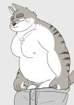  2021 anthro belly bottomwear clothing cute_fangs felid feline fur genitals hi_res kemono male mammal moobs nipples och5 overweight overweight_anthro overweight_male pants penis solo undressing white_body white_fur 