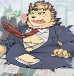  2021 anthro belly bodily_fluids brown_body brown_fur canid canine clothing cute_fangs felid fur green_body green_fur group hi_res humanoid_hands kemono lion male mammal necktie obese obese_male overweight overweight_male pantherine shirt sweat topwear torn_clothing unagiga_hitotsu 