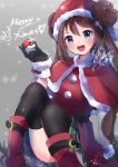  1girl :d bangs black_gloves black_legwear blue_eyes blush boots brown_hair capelet double_bun dress fur-trimmed_capelet fur-trimmed_gloves fur-trimmed_headwear fur_trim gloves grey_background hair_between_eyes hat head_tilt herunia_kokuoji highres holding holding_poke_ball long_hair looking_at_viewer merry_christmas open_mouth poke_ball pokemon pokemon_(game) pokemon_bw2 red_capelet red_dress red_footwear red_headwear rosa_(pokemon) santa_costume santa_hat shiny shiny_hair shiny_skin short_dress sitting smile solo thighhighs twintails very_long_hair 