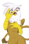  2015 alpha_channel amber_eyes anonymous_artist avian beak brown_body brown_fur brown_tail brown_wings devil_horns_(gesture) digital_media_(artwork) feathers female friendship_is_magic front_view fur gesture gilda_(mlp) gryphon hand_on_chest hasbro looking_at_viewer my_little_pony mythological_avian mythology open_beak open_mouth solo standing tongue white_body white_feathers wings yellow_beak 