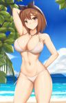  1girl arciealbano arm_behind_head arm_up armpits atelier_(series) atelier_ryza bangs bare_shoulders beach bikini blue_sky blush braid breasts brown_eyes brown_hair cleavage collarbone hairband highres jewelry key large_breasts looking_at_viewer navel necklace open_mouth reisalin_stout shore short_hair side_braid sky smile swimsuit thighs 