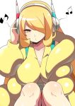  1girl blonde_hair breasts cleavage collarbone commentary cosplay cynthia_(pokemon) elesa_(pokemon) elesa_(pokemon)_(cosplay) eyelashes green_nails grey_eyes hair_over_one_eye headphones jacket knees listening_to_music long_hair mituyota_76 musical_note nail_polish pokemon pokemon_(game) pokemon_dppt shiny shiny_skin solo yellow_jacket 
