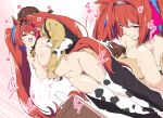 1boy 1girl animal_ears bow breast_sucking breasts daiwa_scarlet fang graphite_(medium) hair_bow hair_intakes highres horse_ears horse_girl large_breasts long_hair open_mouth red_eyes red_hair sex tail traditional_media twintails umamusume umanosuke very_long_hair 