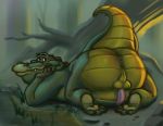  2021 alligator alligatorid anthro anus balls butt crocodilian detailed_background erection genitals green_body louis_(tpatf) male outside overweight overweight_male penis reptile scalie solo the_princess_and_the_frog themorghull 