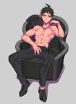  1boy absurdres ahoge armchair bangs black_footwear black_male_underwear black_pants brown_hair chair danganronpa_(series) danganronpa_2:_goodbye_despair frown full_body grey_background hand_up highres hinata_hajime jewelry looking_at_viewer male_focus male_underwear navel necklace nipples open_pants pants pectorals shirt_removed shirtless short_hair simple_background sin11111 sitting solo toned toned_male underwear 