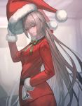  1girl bow dress fate/grand_order fate_(series) florence_nightingale_(fate/grand_order) florence_nightingale_santa_(fate/grand_order) gloves hat highres long_hair makitoshi0316 pink_hair red_dress red_eyes removing_hat santa_hat smile white_gloves 