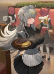  3girls absurdres alcohol alternate_costume apron back_bow beer black_dress bow cup dress enmaided fate_(series) food frilled_apron frills grey_hair highres holding holding_cup holding_food hood_(james_x) jeanne_d&#039;arc_(alter)_(fate) jeanne_d&#039;arc_(fate)_(all) long_hair long_sleeves maid maid_apron maid_headdress mash_kyrielight multiple_girls profile purple_hair red_bow short_hair solo_focus tamamo_(fate)_(all) tamamo_no_mae_(fate) very_long_hair waist_apron white_apron yellow_eyes 