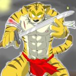  1:1 2007 anthro asian_clothing bandage barazoku black_nose blood bodily_fluids clothing east_asian_clothing felid fundoshi fur humanoid_hands japanese_clothing kemono low_res male mammal muscular muscular_male nipples oogamikennta pantherine solo tiger underwear weapon white_body white_fur yellow_body yellow_fur 