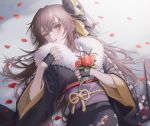  1girl black_gloves brown_hair eyebrows_visible_through_hair flower girls_frontline gloves hair_ribbon holding holding_flower japanese_clothes kimono long_hair looking_at_viewer lying new_year on_back open_mouth partially_fingerless_gloves petals ribbon scar scar_across_eye simple_background solo ump45_(girls_frontline) urano_ura yellow_eyes 