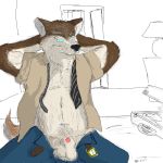 1:1 2007 anthro balls belly black_nose bottomwear brown_body brown_fur canid canine canis clothed clothing domestic_dog eyewear fur genitals glasses inside male mammal necktie open_clothing open_shirt open_topwear pants penis shirt slightly_chubby topwear unknown_artist 