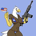  1:1 2020 4_fingers accipitrid accipitriform american_eagle anthro avian bald_eagle beak big_breasts bikini biped bird bottomwear bra breasts brown_body brown_eyes brown_feathers cleavage clothed clothing curvy_figure digital_drawing_(artwork) digital_media_(artwork) eagle eyelashes feathers female fingers flag gun holding_flag holding_object holding_weapon looking_at_viewer mature_female midriff multicolored_body multicolored_feathers navel non-mammal_breasts open_mouth pinup pose ranged_weapon ratmeals sea_eagle simple_background skimpy smile smiling_at_viewer solo standing stars_and_stripes swimwear tail_feathers thong topwear two_tone_body two_tone_feathers underwear united_states_of_america weapon white_body white_feathers wide_hips yellow_beak 