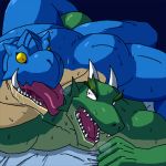  1:1 2007 anthro barazoku blue_body bodily_fluids drooling duo green_body kemono licking low_res male muscular muscular_male saliva scalie sweat teeth tongue tongue_out x_kishi_y 