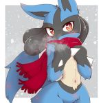  1:1 2021 acky05 ambiguous_gender anthro black_body black_fur blue_body blue_fur blush breath chest_spike fur grey_background hand_spike hi_res lucario navel nintendo orange_eyes pok&eacute;mon pok&eacute;mon_(species) pupils red_scarf scarf shaded simple_background slit_pupils snow solo spikes spikes_(anatomy) video_games winter yellow_body yellow_fur 