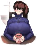  1girl blue_sweater blush breasts brown_eyes brown_hair cup earrings gigantic_breasts highres holding holding_cup jewelry kaga_(kantai_collection) kantai_collection konoshige_(ryuun) long_sleeves looking_at_viewer necklace ribbed_sweater ring scrunchie side_ponytail sitting solo sweater table turtleneck turtleneck_sweater wedding_band window 