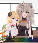  2girls :o animal_ears bare_shoulders big_hair black_nails blonde_hair blush breasts cleavage closed_mouth commentary cup curled_horns desk detached_sleeves drinking_glass drinking_straw english_commentary fingernails green_eyes grey_hair hair_ornament hairclip heart highres hololive horns jewelry keyboard_(computer) large_breasts lion_ears long_hair looking_at_another looking_to_the_side looking_up microphone mouse_(computer) multiple_girls mushroom nail_polish necklace open_mouth puffy_detached_sleeves puffy_short_sleeves puffy_sleeves purple_eyes rgb_lights sheep_girl sheep_horns shishiro_botan short_sleeves signature smile tsunomaki_watame virtual_youtuber yoako yuri 