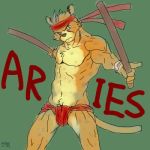  1:1 2007 anthro aries_(cheetahmen) asian_clothing barazoku cheetah cheetahmen clothing east_asian_clothing felid feline fundoshi green_background humanoid_hands japanese_clothing kemono low_res male mammal muscular muscular_male simple_background solo text underwear unknown_artist weapon 
