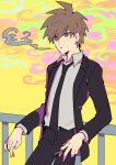  1boy absurdres ahoge bangs belt black_belt black_jacket black_pants brown_eyes brown_hair cigarette collared_shirt commentary_request cowboy_shot danganronpa:_trigger_happy_havoc danganronpa_(series) formal hair_between_eyes highres holding holding_cigarette jacket leaning_back long_sleeves male_focus naegi_makoto necktie official_alternate_costume open_clothes open_jacket open_mouth pants railing shirt short_hair sin11111 smoke smoking solo spiked_hair standing yellow_background 