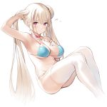  1girl asymmetrical_hair azur_lane bare_arms bare_shoulders bikini blue_bikini blush bright_pupils choker closed_mouth collarbone commentary_request feet_out_of_frame flying_sweatdrops formidable_(azur_lane) formidable_(the_lady_of_the_beach)_(azur_lane) from_side hair_bun highres light_smile long_hair looking_at_viewer nekomu platinum_blonde_hair purple_eyes red_choker simple_background sitting solo string_bikini swimsuit thighhighs twintails very_long_hair white_background white_bikini white_legwear white_pupils 