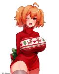 :d ahoge arms_behind_back blush bottomless breasts cerberus_(last_origin) chamame christmas christmas_sweater eyebrows_visible_through_hair fang gift holding holding_gift large_breasts last_origin medium_hair one_eye_closed open_mouth orange_eyes orange_hair simple_background smile sweater thighhighs turtleneck twintails white_background 