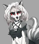  2021 absurd_res anthro black_body black_fur bodily_fluids breasts canid canid_demon cheek_tuft chest_tuft clothing collar demon eyebrows eyelashes facial_tuft female fur grey_background grey_body grey_fur grey_hair hair half-closed_eyes head_tuft hellhound helluva_boss hi_res jesterwing loona_(vivzmind) mammal multicolored_body multicolored_fur narrowed_eyes notched_ear red_sclera simple_background solo spiked_collar spikes sweat torn_clothing tuft white_body white_eyes white_fur 